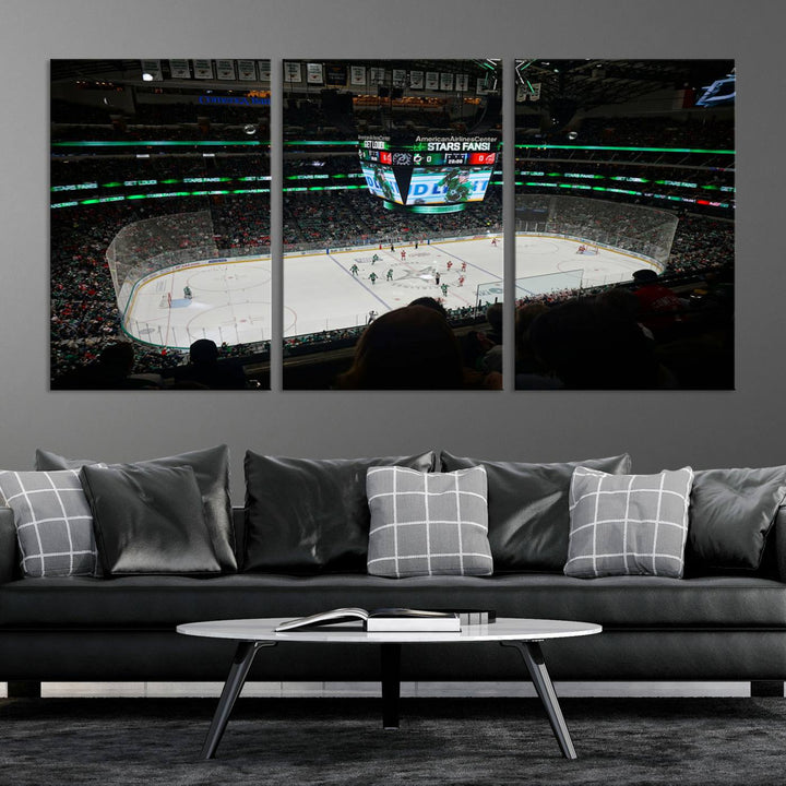 The Dallas Stars Wall Art Canvas Print is as clear as the scoreboard stats at a hockey game in a large arena with bright lights.