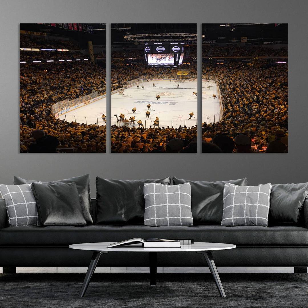 A captivating triptych canvas print, titled "Bridgestone Arena - Nashville Predators Hockey Team Print," adorns the wall. This Nashville wall art canvas print is perfect for Predators fans who appreciate sports-themed decor.