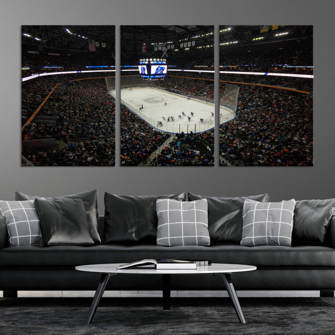 The nautical-themed room is enhanced by the KeyBank Center New York Buffalo Sabres Hockey Stadium Wall Art Canvas Print, a three-panel depiction of a bustling hockey arena with a gallery-quality finish. This canvas artwork, handmade in the USA, introduces an element of sporting elegance to your decor.