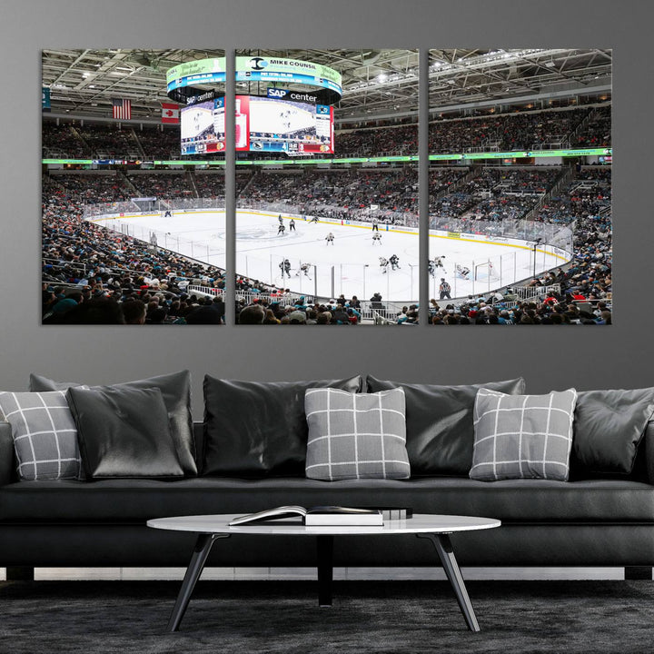 A packed ice hockey arena buzzes with energy as players glide on the ice and a large screen displays scores. The indoor decor features Sharks Arena Blackhawks Sharks Ice Hockey Stadium Wall Art Canvas Prints, creating an unexpected yet charming sporting atmosphere reminiscent of a gallery.