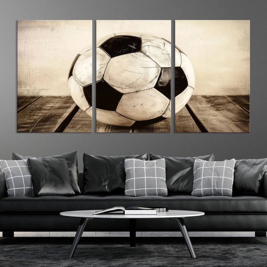 Vintage Soccer Ball Triptych Canvas Art – 3-Panel Soccer Wall Decor, Framed and Ready to Hang Sports Art for Home, Office, or Gym