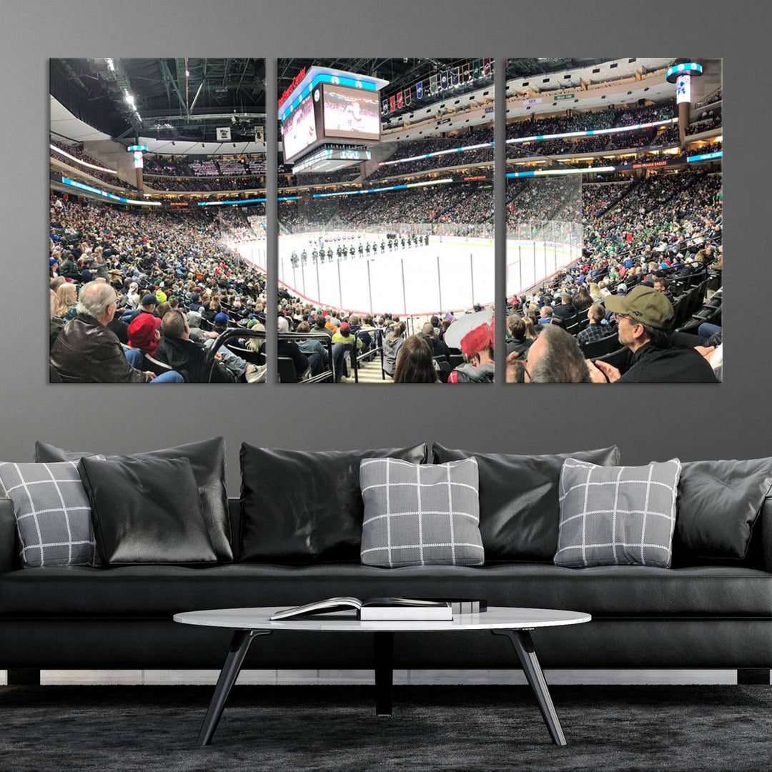 The Xcel Energy Center St Paul Minnesota Wild Ice Hockey Stadium Wall Art Canvas Print captures a packed hockey arena with spectators watching players on the ice. It is elegantly preserved on museum-quality canvas with vibrant details protected by a UV-protective coating.