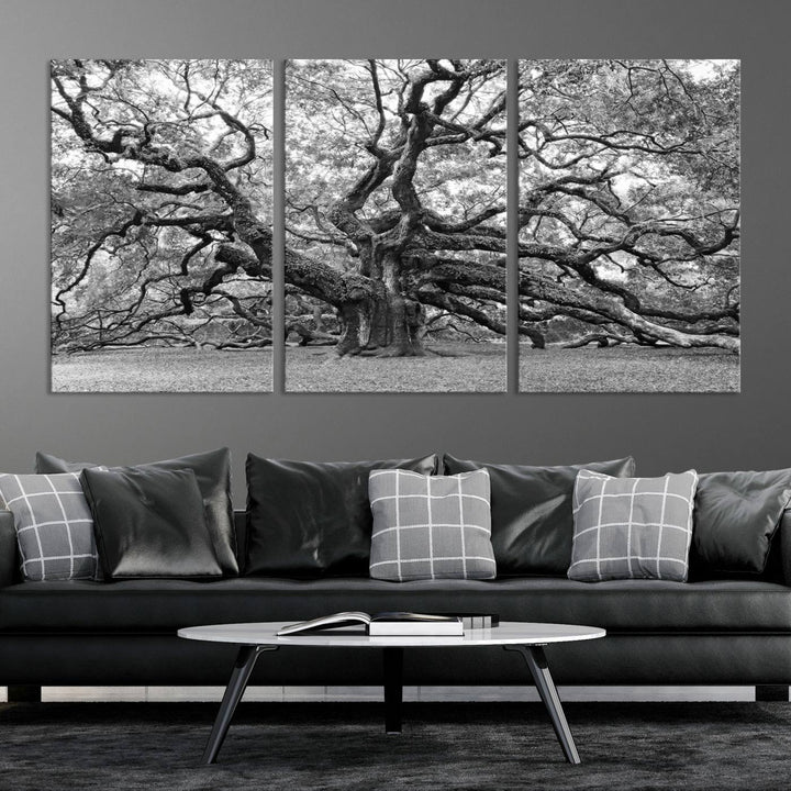 Black White Angel Oak Tree Wall Art - Timeless Nature-Inspired Canvas for Rustic, Modern, or Traditional Home Decor