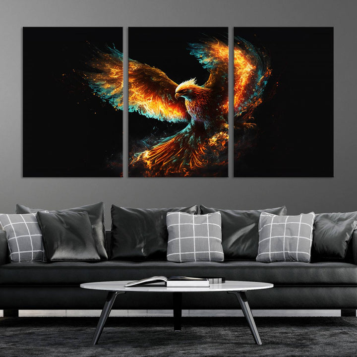 Fiery Phoenix Canvas Print | Ready to Hang Wall Art | Bold Fantasy Decor for Living Room | Majestic Bird Artwork