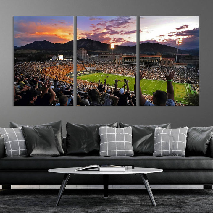 The Folsom Field Stadium Print beautifully captures the Colorado Buffaloes stadium at sunset, set against a stunning mountain backdrop.