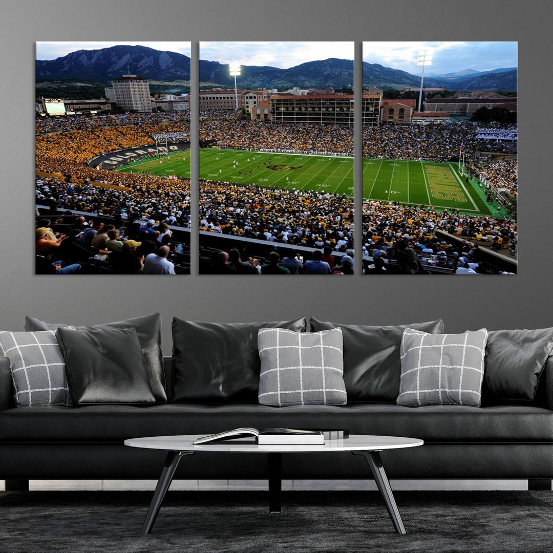 A canvas print captures the Colorado Buffaloes at Folsom Field, framed by mountains in the background.