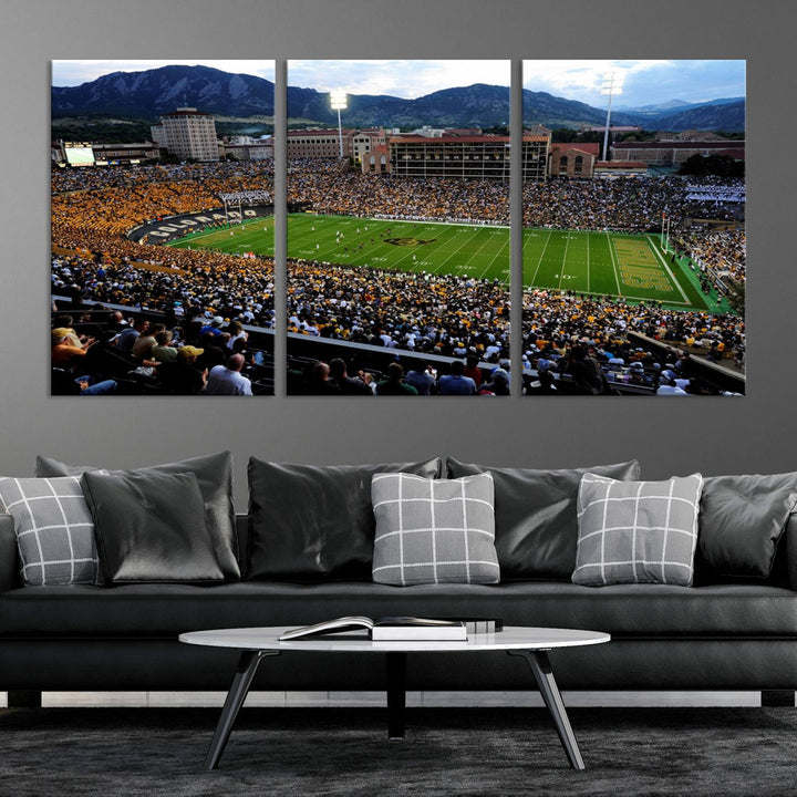 A canvas print captures the Colorado Buffaloes at Folsom Field, framed by mountains in the background.