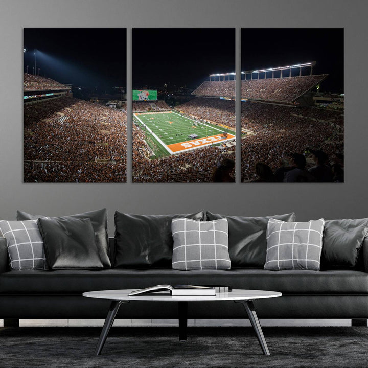 A football game at a packed stadium is captured on the University of Texas Longhorns Stadium Canvas Print.