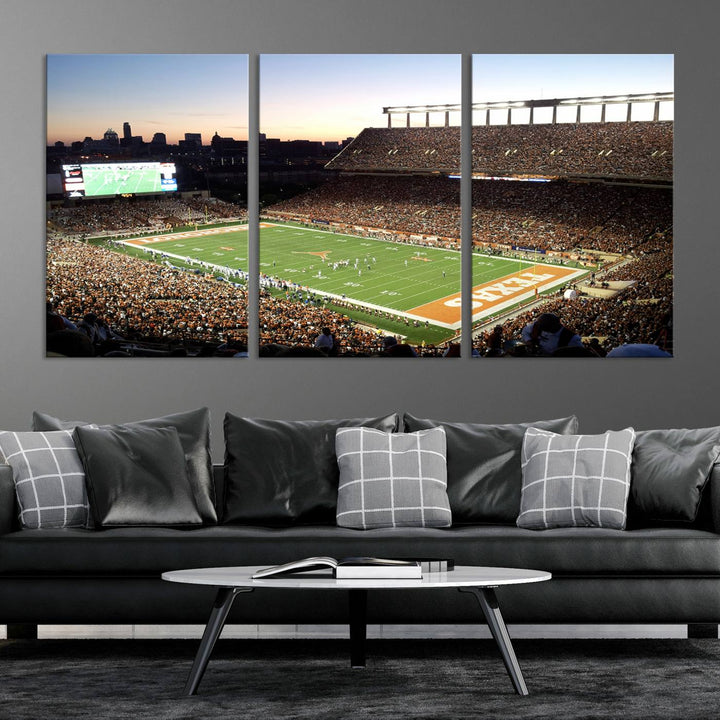 The Evening Game canvas art captures a glowing sunset and skyline at Texas Longhorns Darrell K Royal Stadium.