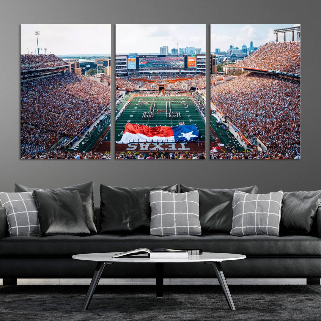 University of Texas Longhorns canvas: A premium print depicting Darrell K Royal-Texas Memorial Stadium with the city skyline and Texas flag.