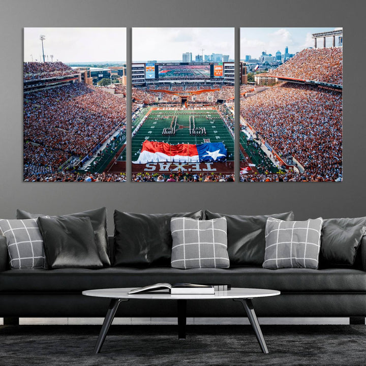 University of Texas Longhorns canvas: A premium print depicting Darrell K Royal-Texas Memorial Stadium with the city skyline and Texas flag.