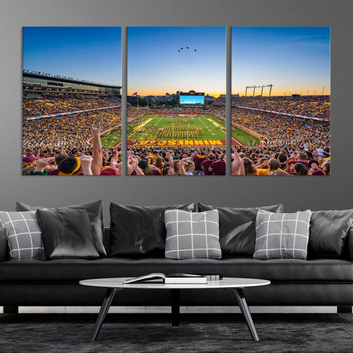 Canvas wall art featuring the University of Minnesota Football Team print, showcasing Huntington Bank Stadium at sunset with jets overhead.