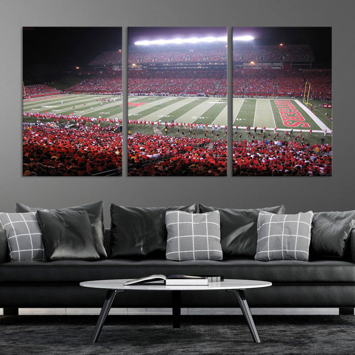 A bustling night game at SHI Stadium is captured as Rutgers Scarlet Knights wall art on a gallery-quality canvas print.