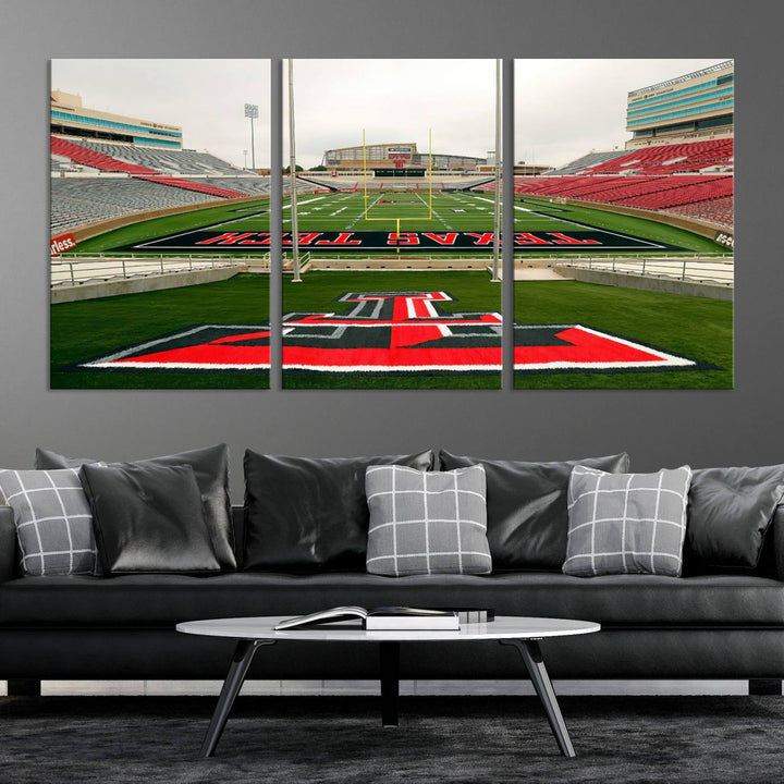 Gallery-quality print of Lubbock Jones AT&T Stadium featuring the Texas Tech Red Raiders field, highlighted by red and gray bleachers.