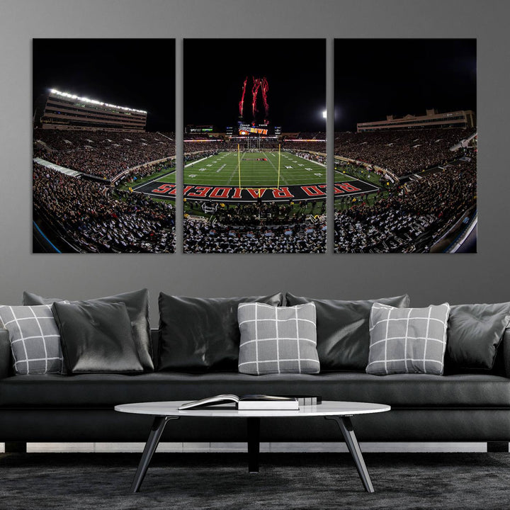 The wall features a Texas Tech Red Raiders Football Team Print on canvas, showcasing fireworks over a packed stadium at night.