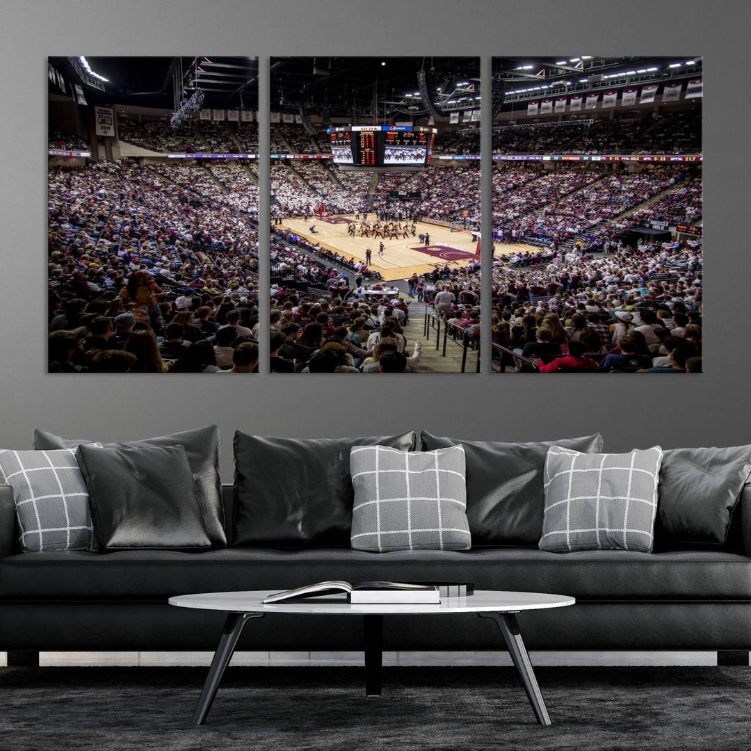 The Nebraska Basketball Arena Wall Art Canvas features an arena filled with Cornhuskers fans and players beneath a scoreboard.