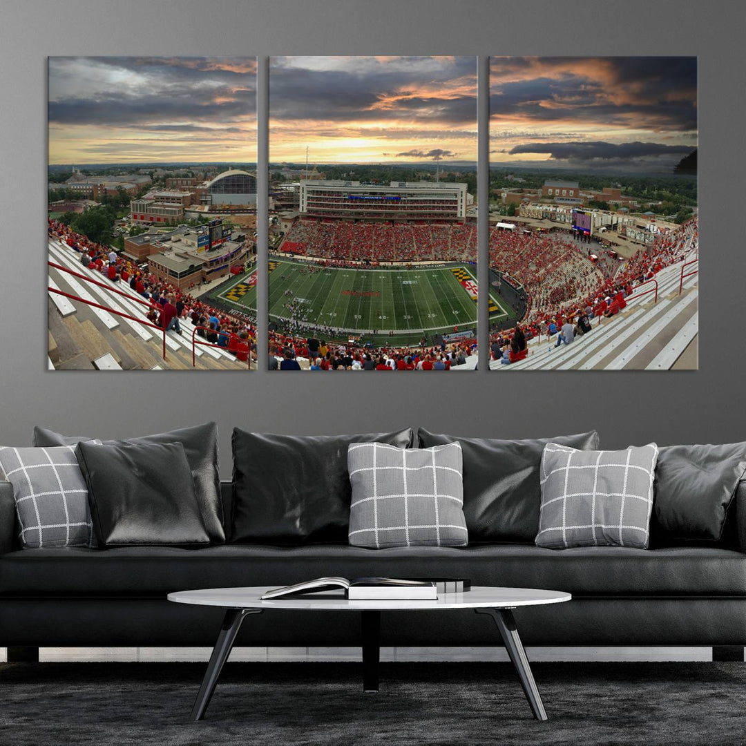 The University of Maryland Terrapins Football Team Print features SECU Stadium at sunset with vibrant skies.