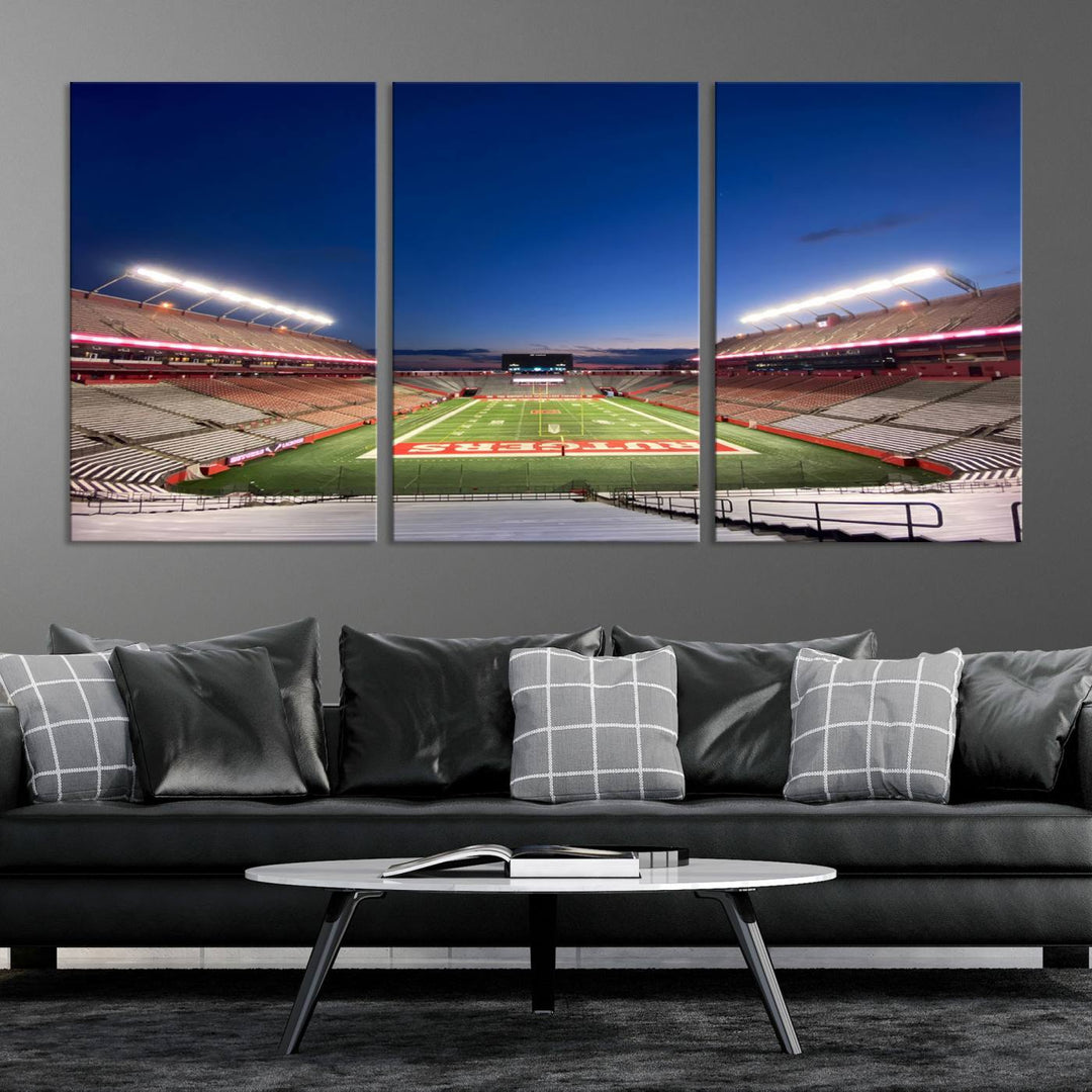 A large SHI Stadium at dusk, ideal for a Rutgers Scarlet Knights Football Team canvas print.