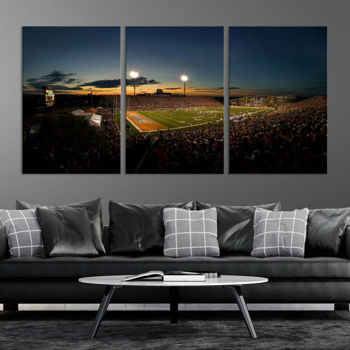 Ball State Cardinals Football Team Print - Muncie Scheumann Stadium Canvas featuring a sunset, floodlights, and lively crowd.