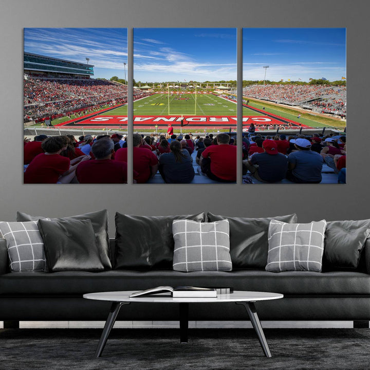 The Ball State Cardinals wall art on canvas depicts fans in red at Scheumann Stadium.