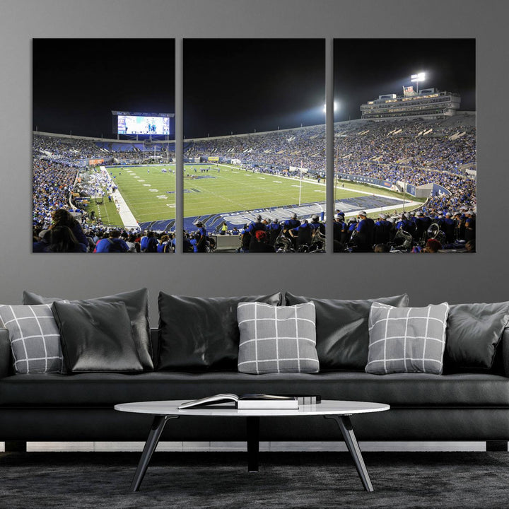 A vibrant depiction of Liberty Stadium at night, highlighting a Tigers football game on the large screen with stands filled with enthusiastic fans.