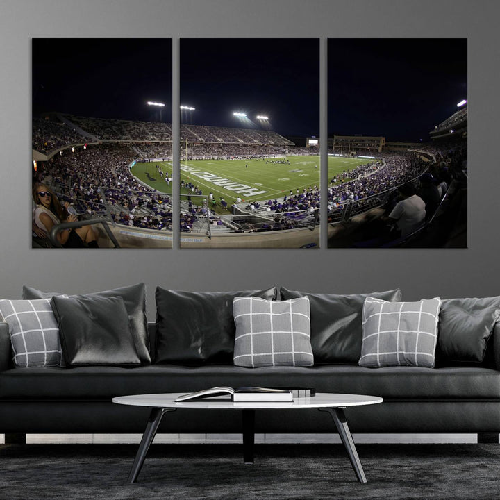 The wall art print features a night view of Amon G. Carter Stadium filled with TCU fans, showcased in the Horned Frogs Football Canvas Wall Art.