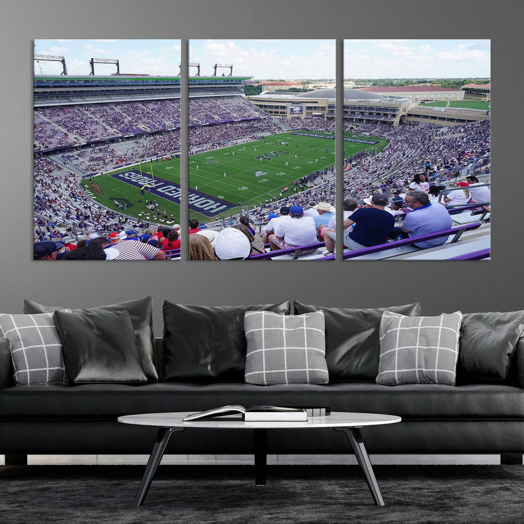 Amon G. Carter Stadium wall art canvas showcasing the TCU Horned Frogs and packed stands at Fort Worth.