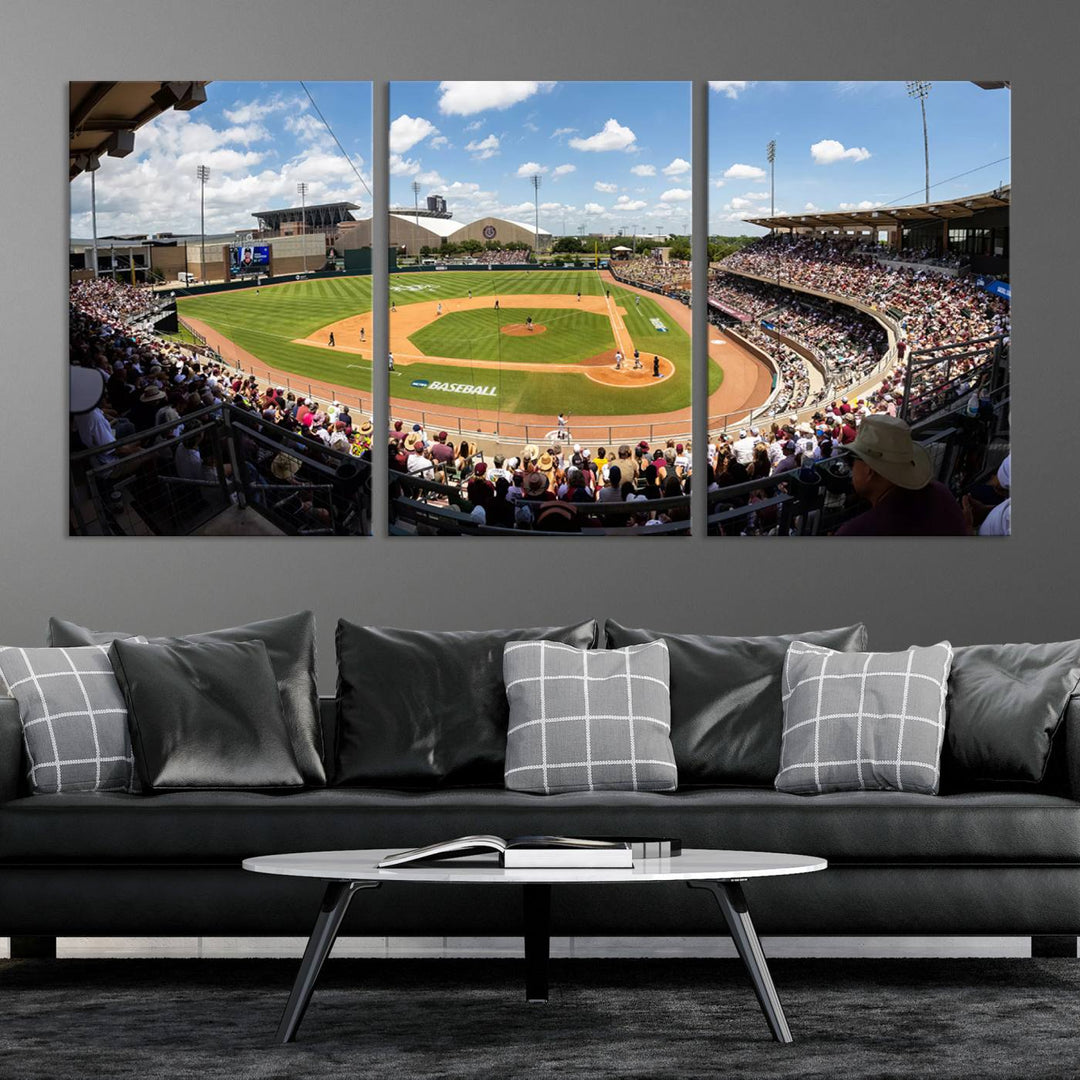 A baseball stadium under a blue sky, capturing the energy of The Texas A&M Aggies Athletics Kyle Field Wall Art.