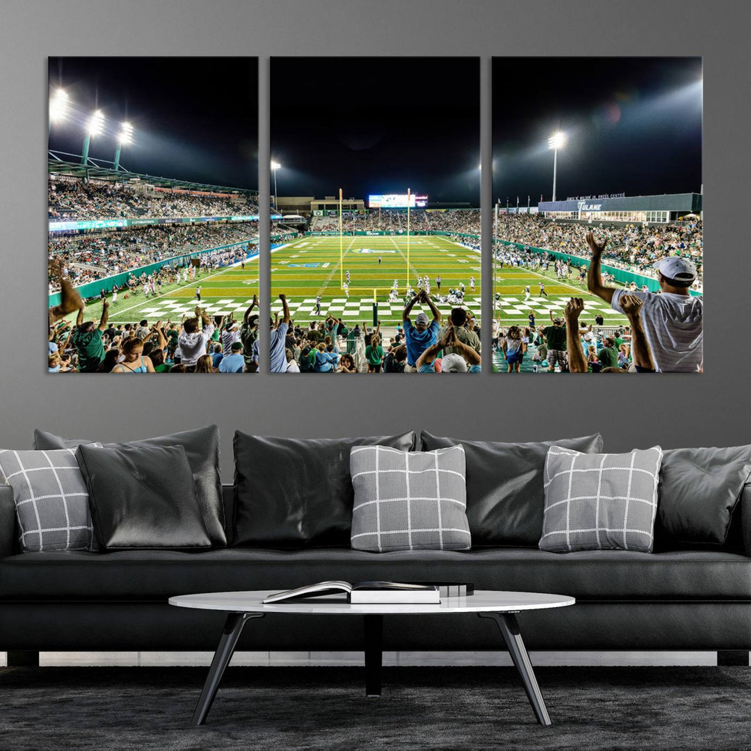 This vibrant wall art canvas print captures the excitement of fans cheering for the Tulane Green Wave Football Team under the lights of Yulman Stadium.