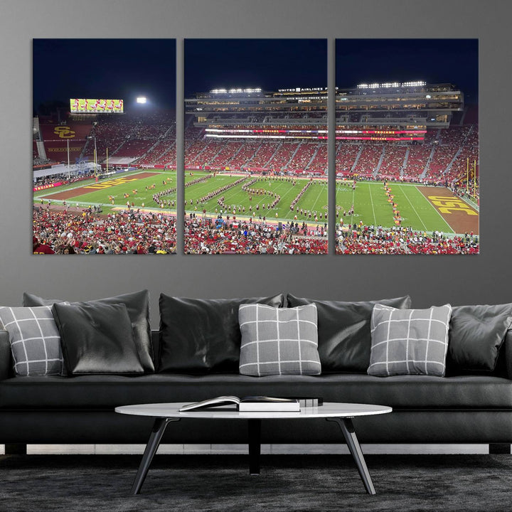 Canvas print depicting a packed stadium at night with a marching band forming USC, celebrating the Trojans at Los Angeles Memorial Coliseum.