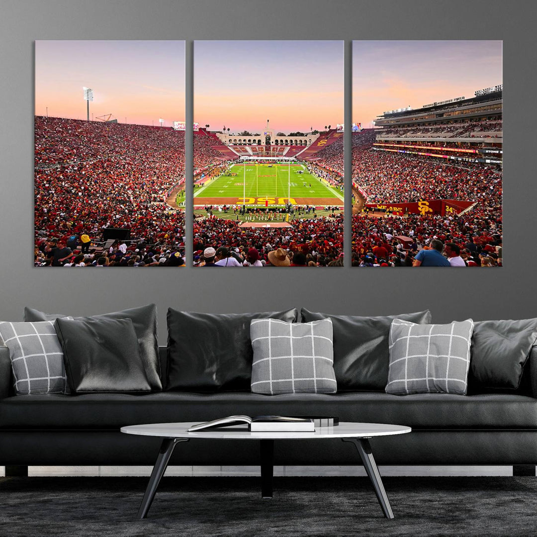 A USC Trojans wall art canvas print highlights the scene, depicting the Coliseum Stadium at sunset.