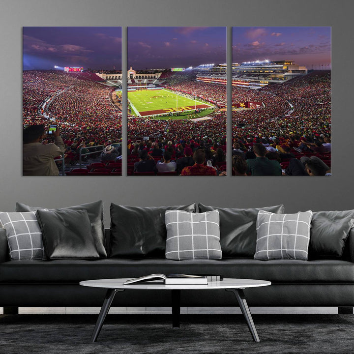 The vibrant wall art canvas print captures the USC Trojans playing under lights at dusk in LA Memorial Coliseum.