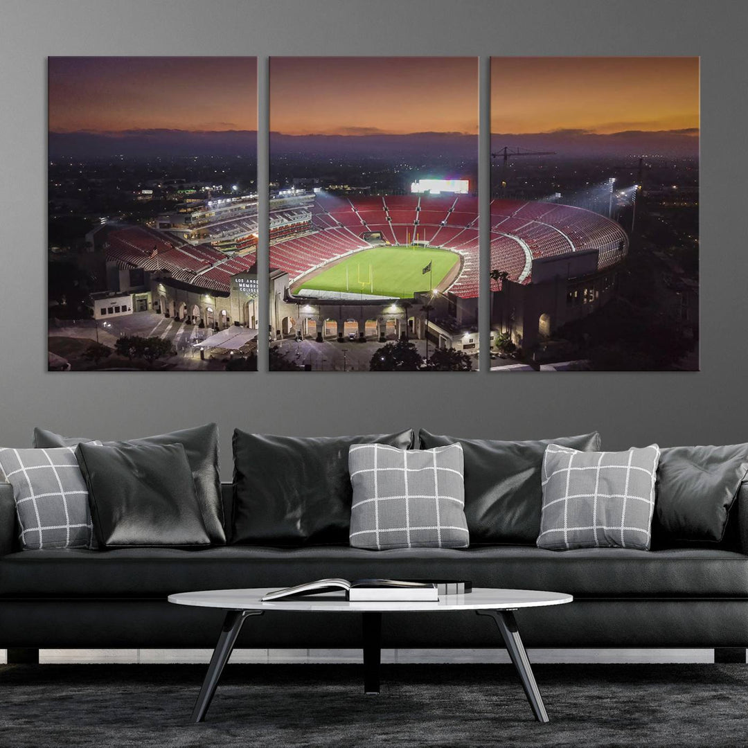 The USC Trojans Stadium canvas captures Memorial Coliseum at twilight, showcasing red seats and a green field beneath an orange sky.