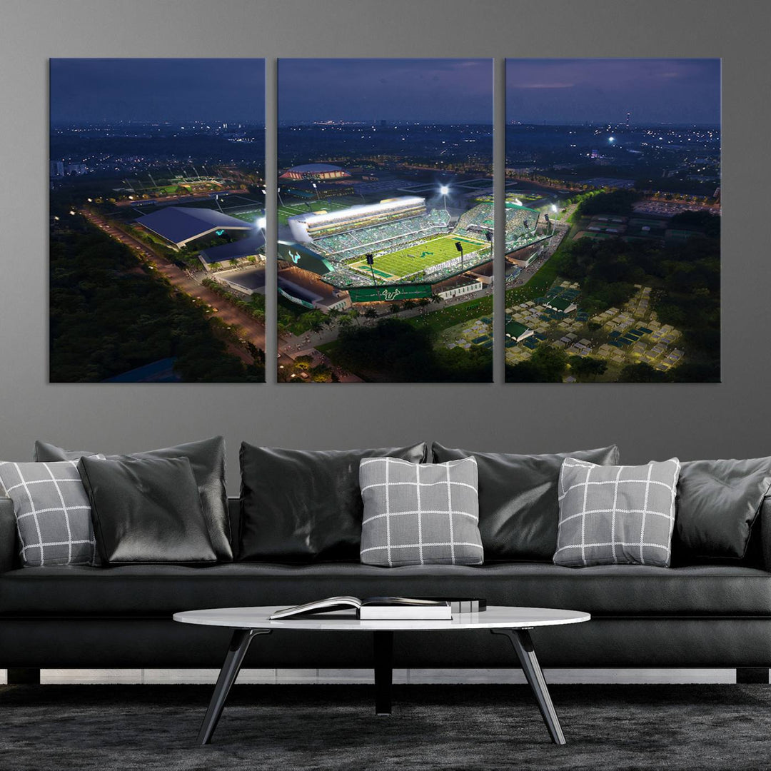 The USF Bulls Football Team Wall Art Canvas Print showcases the Tampa USF Football Stadium at night with city lights.