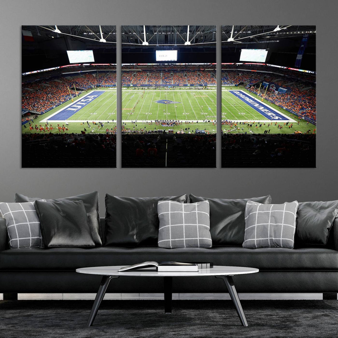 The UTSA Roadrunners game at Alamodome canvas print captures the scene from above, displaying fans and the UTSA lettering on the field.