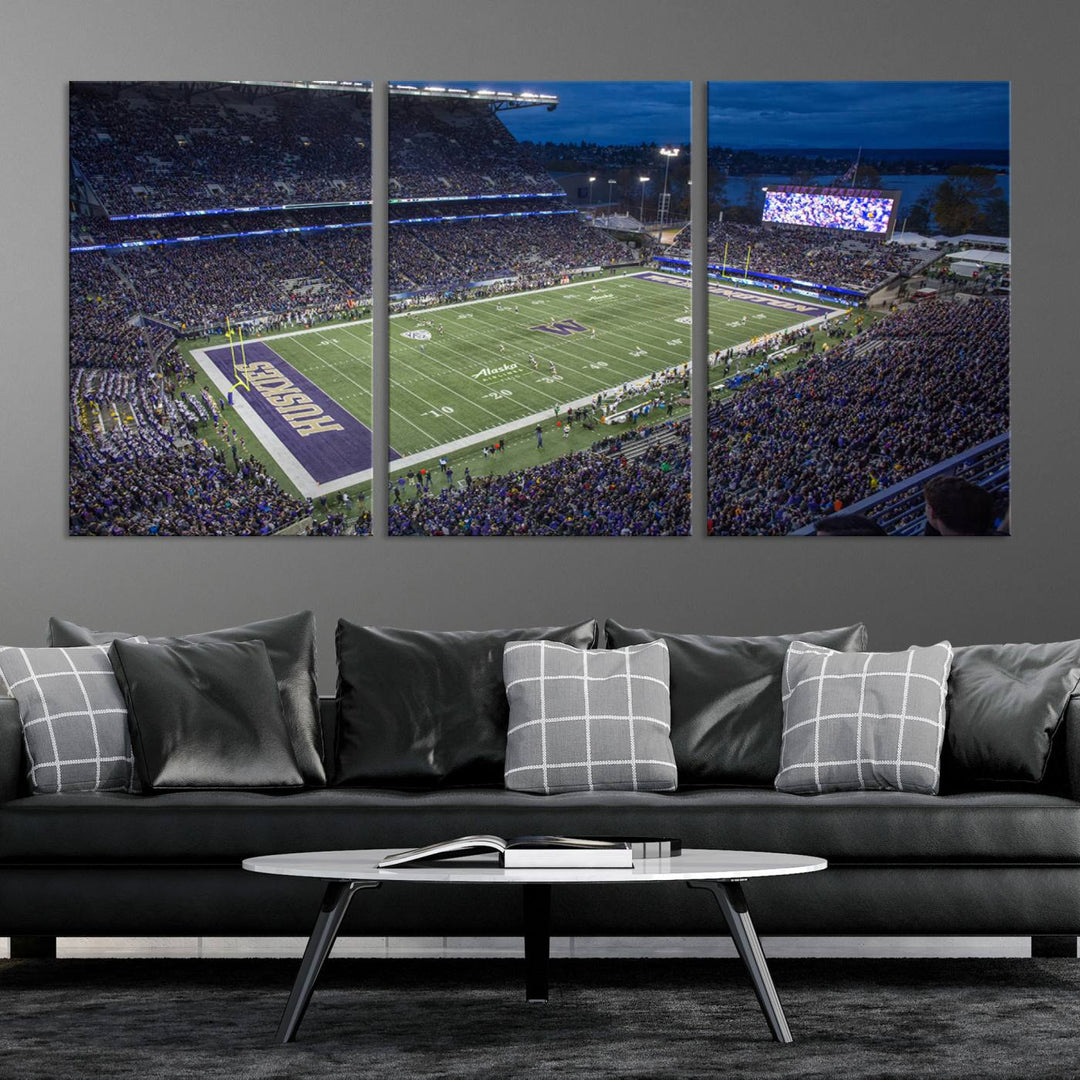 The University of Washington Huskies Football Team Print: Seattle Husky Stadium Wall Art Canvas captures a dusk stadium view.