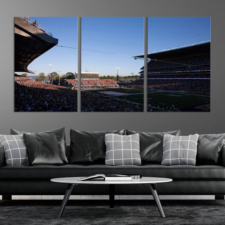 The University of Washington Huskies wall art print depicts Husky Stadium coming alive with fans as flags flutter.