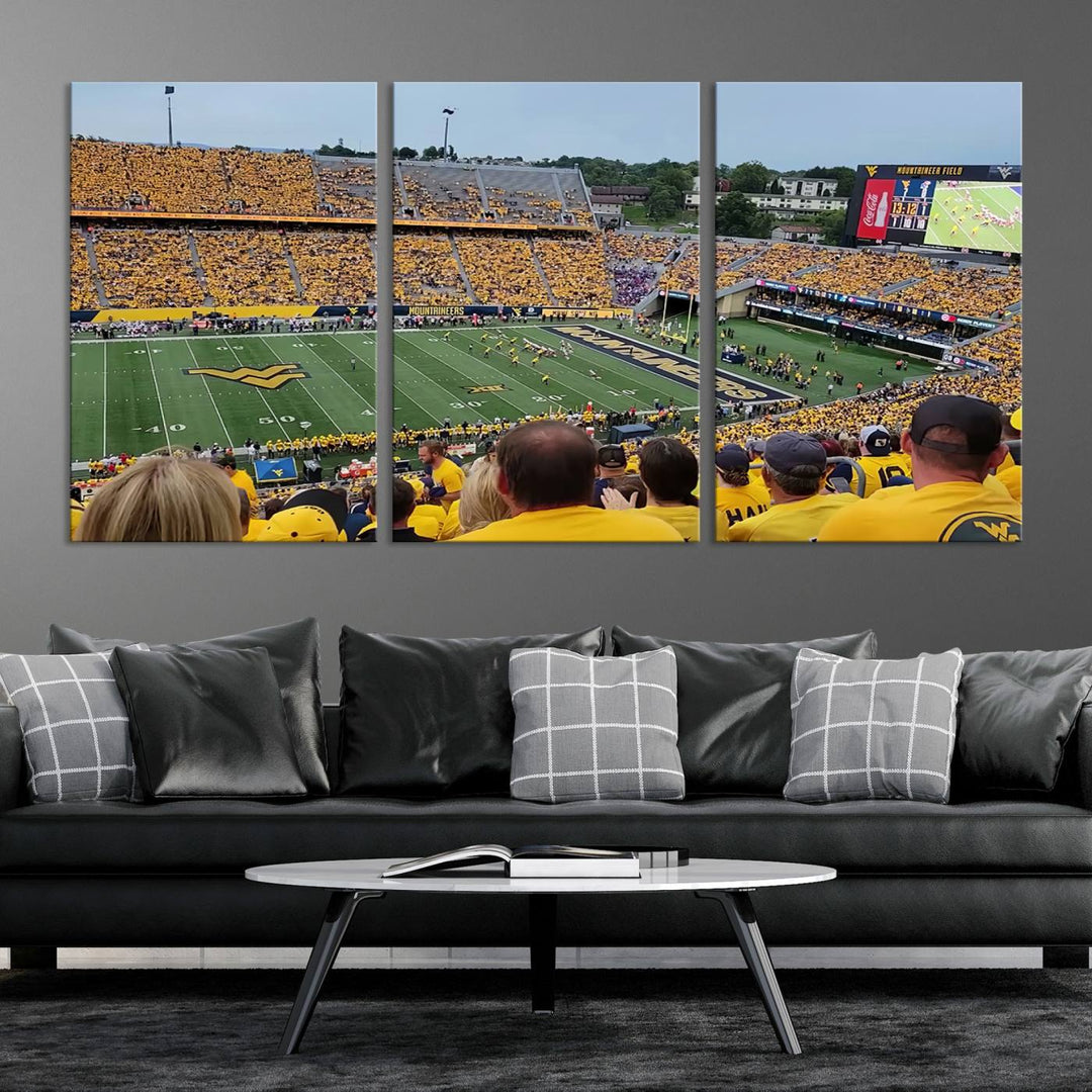 A Puskar Stadium canvas print decorates the modern living room shelf.