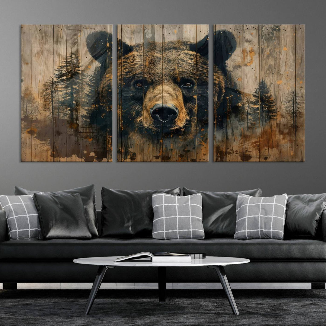 The Abstract 399 Bear Wall Art, featuring a rustic cabin theme with forest design, is framed and ready to hang. It's ideal for lodge, cabin, and barn decor and perfectly complements the nature lover's aesthetic.