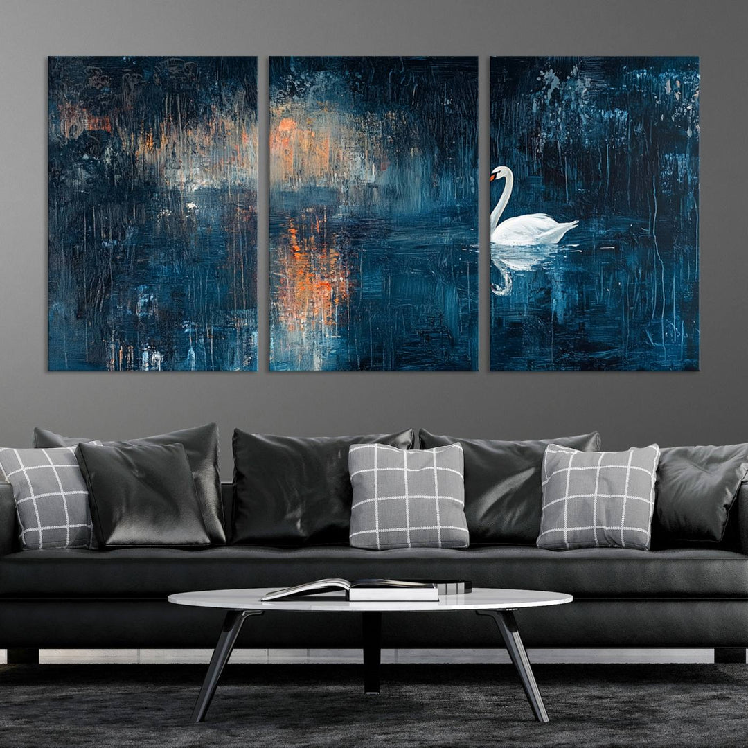 Abstract Swan Wall Art | Moody Blue and Orange Swan Painting on Canvas | Framed and Ready to Hang | Elegant and Modern Art for Living Room or Bedroom Decor