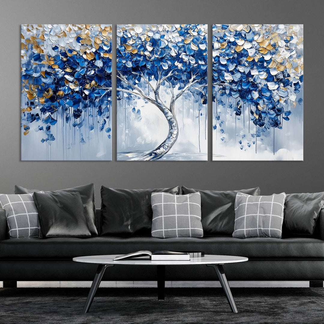 Elegant Blue and Gold Abstract Tree Wall Art | Textured Modern Tree of Life Painting | Framed Canvas Print | Ready to Hang for Dining Room Decor