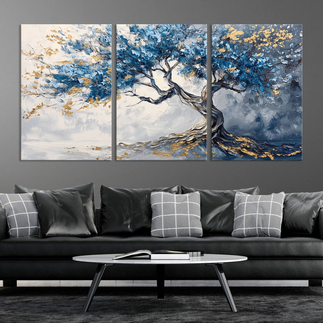 Elegant Abstract Tree Canvas Wall Art | Tree of Life Painting | Textured Art in Blue and Gold | Framed & Ready to Hang for Modern Living Room Decor