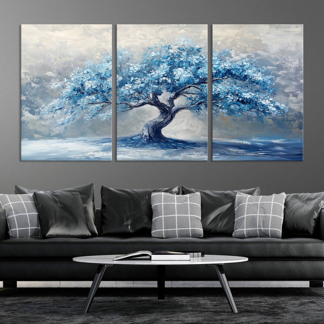 Serene Abstract Blue Tree Wall Art | Canvas Print of a Majestic Tree in Blue Hues | Perfect for Farmhouse, Coastal, and Modern Decor