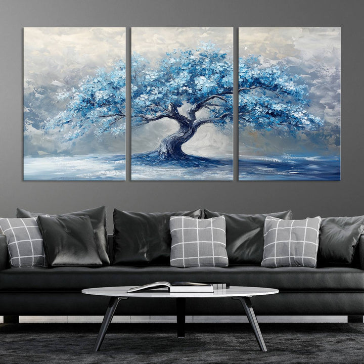 Serene Abstract Blue Tree Wall Art | Canvas Print of a Majestic Tree in Blue Hues | Perfect for Farmhouse, Coastal, and Modern Decor