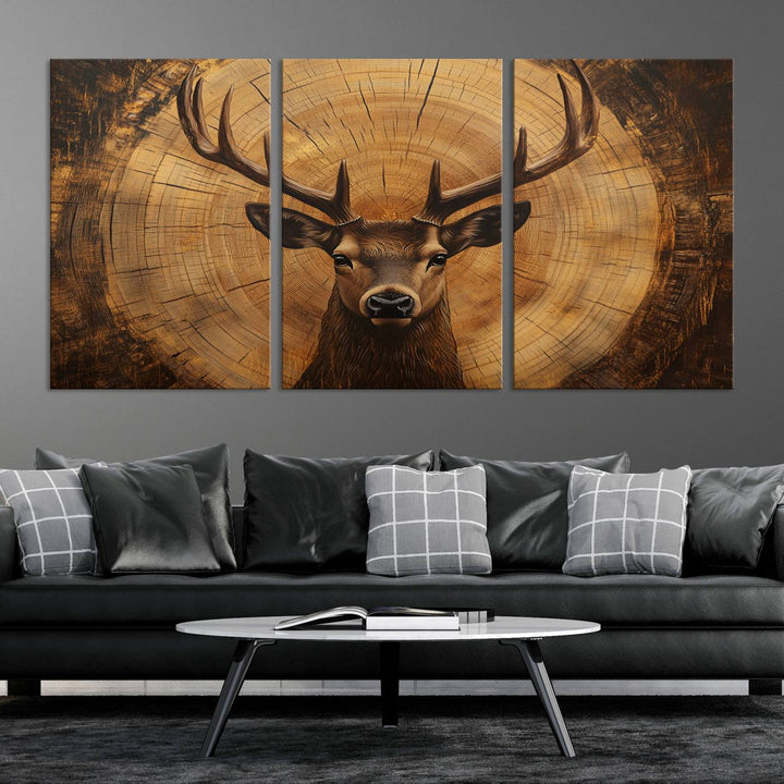 Deer Wall Art Canvas Print | Ready to Hang Canvas Print of a Stag with Rustic Tree Rings | Perfect for Farmhouse Wall Decor, Cabin Wall Art