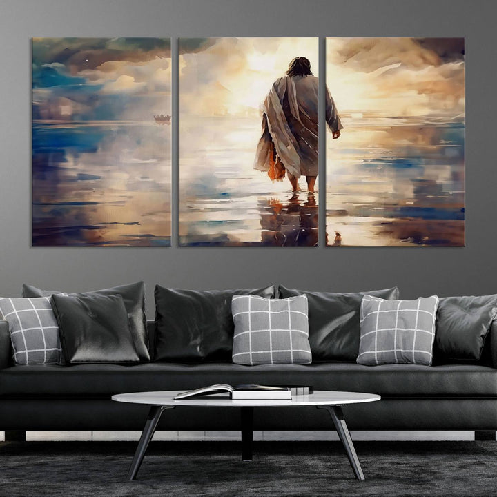 Jesus Walking on Water Wall Art | Ready to Hang Spiritual Triptych Canvas Print | Inspirational Christian Decor for Home or Church