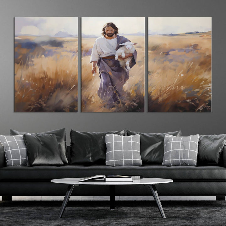 Jesus the Good Shepherd Wall Art Canvas Print - Lost Lamb  Print for Prayer Room Decor