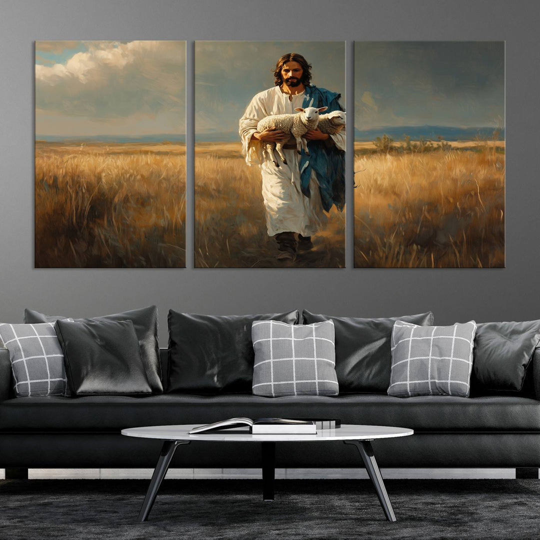 Jesus Shepherd Wall Art | Ready to Hang Triptych Canvas of Jesus Holding a Lamb in a Field | Inspirational Christian Decor for Home