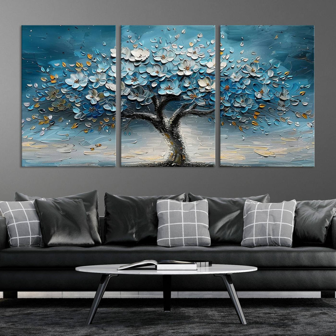 Abstract Blooming Tree Wall Art Print features blue, white, and gold textures on museum-quality canvas, perfect for modern decor.