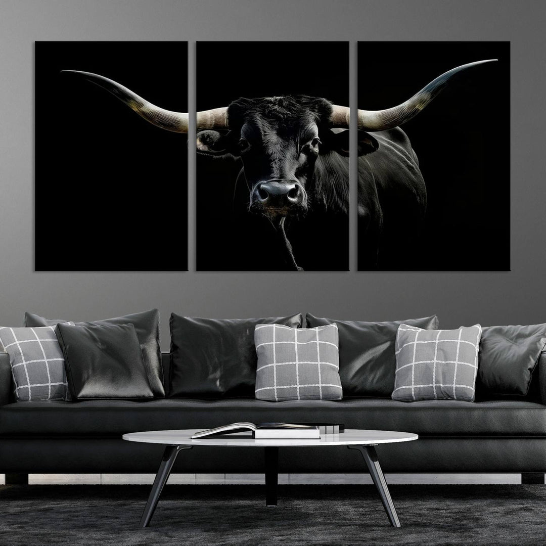 Texas Black Longhorn Bull Wall Art Canvas Print - Western Texas Cattle Rustic Decor Print - Longhorn Cow Wall Art